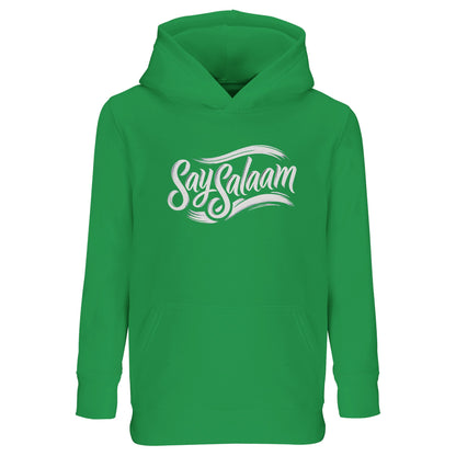 Say Salaam Classic Part-Recycled Cotton-Poly Kids Hoodie in Bottle Green / Outer Space. Deep green hoodie with white Say Salaam script logo, blending understated tone with bold peaceful messaging. Muslim-friendly kids streetwear with a subtle vintage edge, reminiscent of classic club megastore drops. Soft fleece lining and relaxed fit make it practical for daily wear.