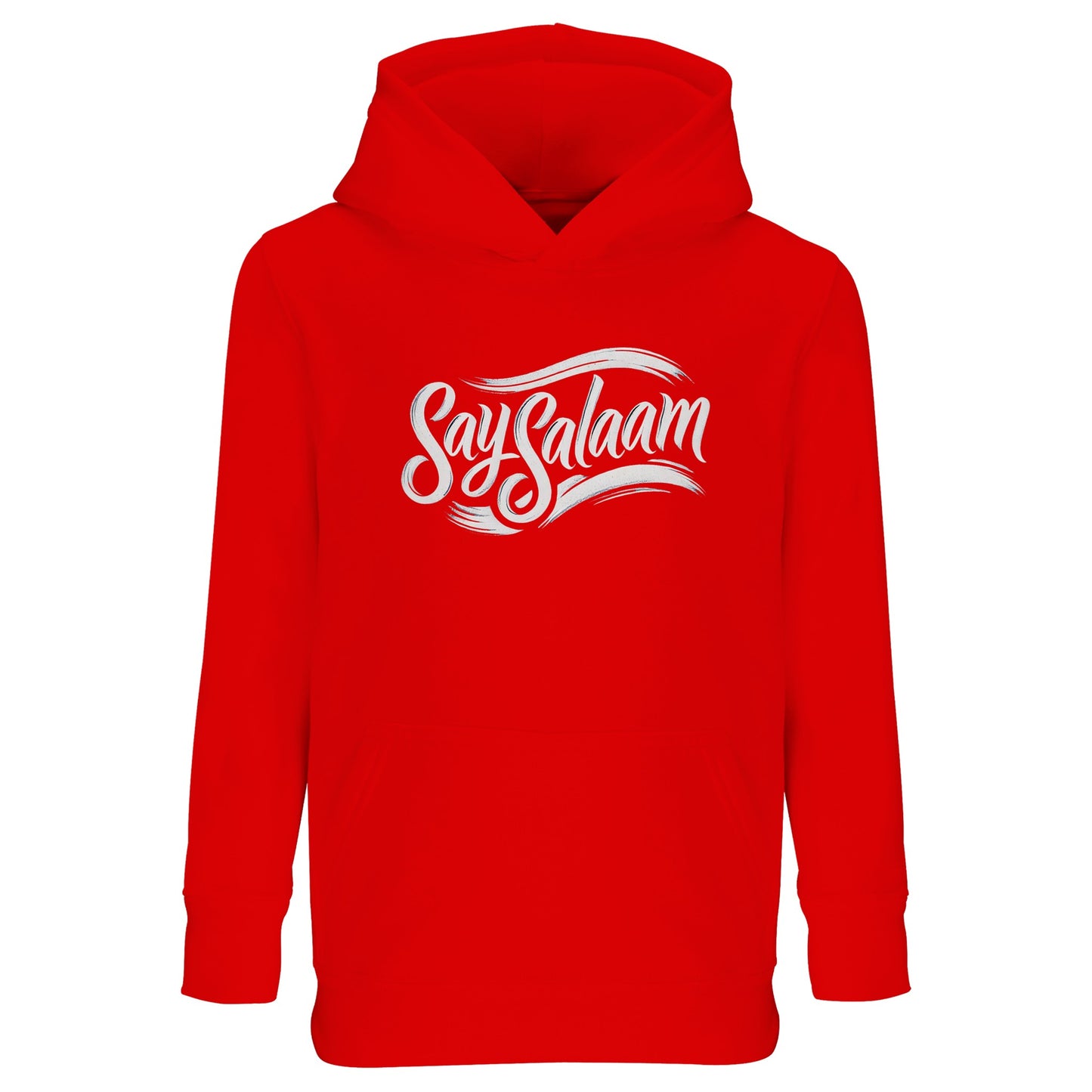 Say Salaam Classic Part-Recycled Cotton-Poly Kids Hoodie in Bright Red / Rosso Corsa. Bold red hoodie featuring the flowing Say Salaam script logo in white. Energetic and confident colourway for young Muslim boys and girls who love expressive streetwear. Classic illustration style nods to retro sports megastore aesthetics while keeping the peaceful slogan at the forefront.