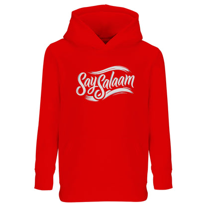 Say Salaam Classic Part-Recycled Cotton-Poly Kids Hoodie in Bright Red / Rosso Corsa. Bold red hoodie featuring the flowing Say Salaam script logo in white. Energetic and confident colourway for young Muslim boys and girls who love expressive streetwear. Classic illustration style nods to retro sports megastore aesthetics while keeping the peaceful slogan at the forefront.