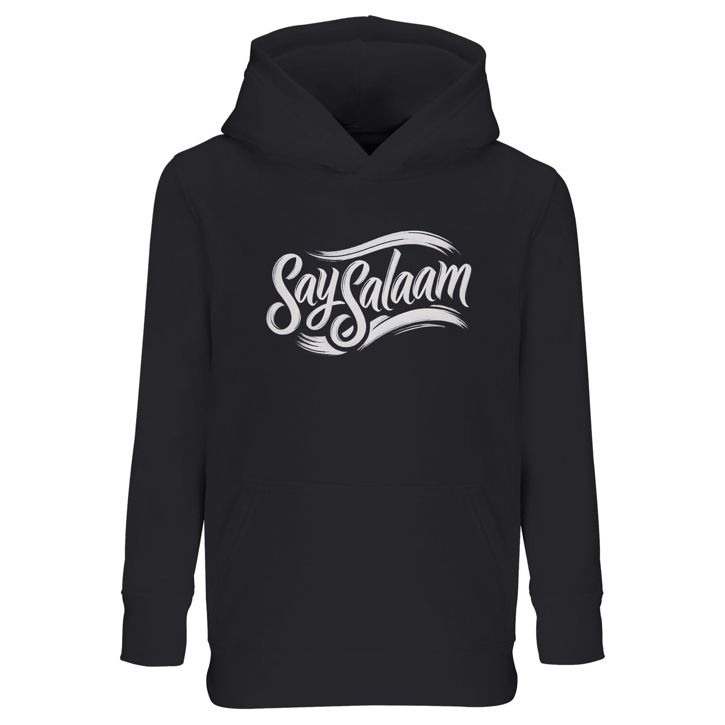 Say Salaam Classic Part-Recycled Cotton-Poly Kids Hoodie in Deep Black / Zeus. Black kids hoodie with crisp white Say Salaam script slogan printed front and centre. Strong contrast makes the classic illustration pop, giving it a subtle vintage athletic look. Muslim youth streetwear essential that pairs easily with joggers or denim. Designed for everyday comfort with brushed fleece warmth.