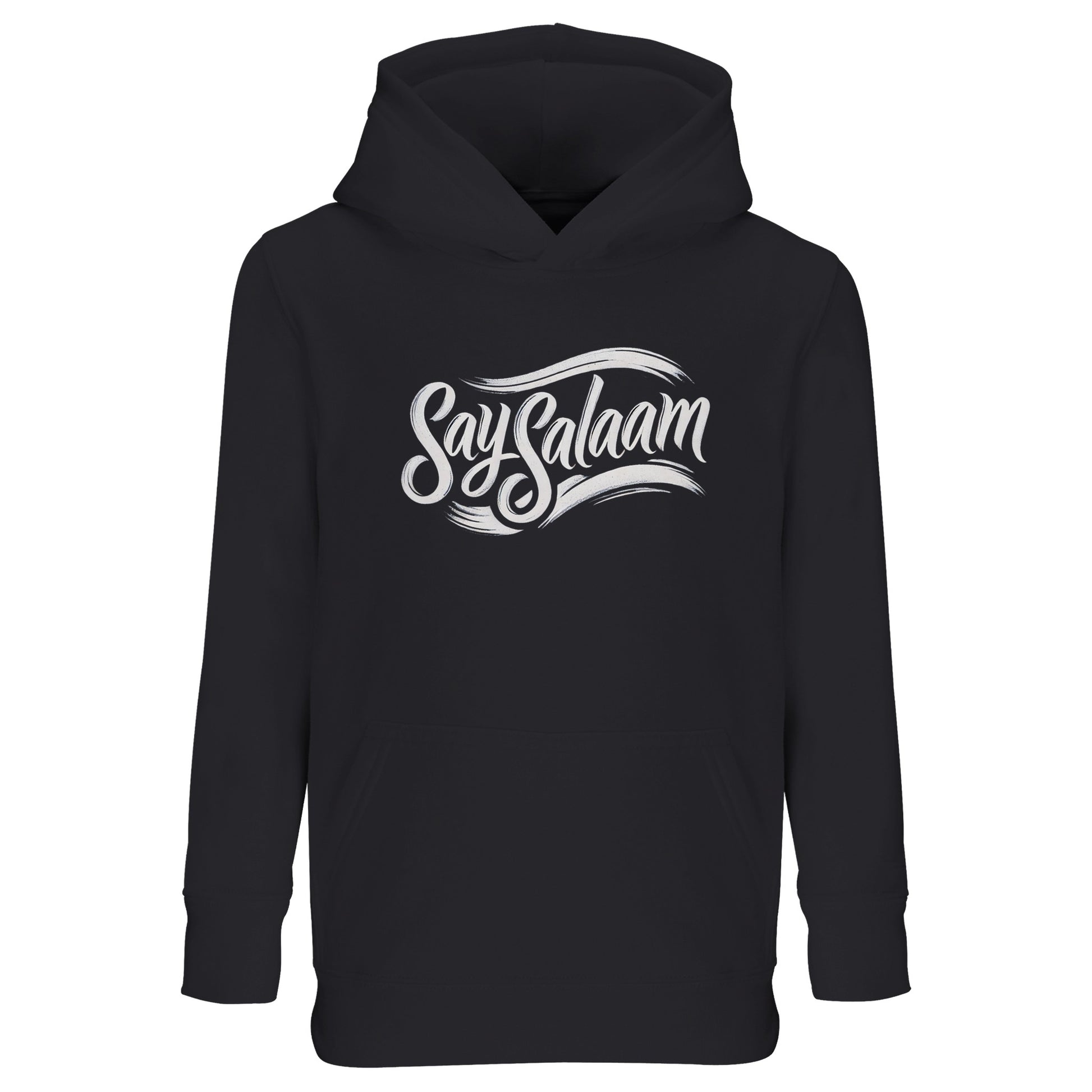 Say Salaam Classic Part-Recycled Cotton-Poly Kids Hoodie in Deep Black / Zeus. Black kids hoodie with crisp white Say Salaam script slogan printed front and centre. Strong contrast makes the classic illustration pop, giving it a subtle vintage athletic look. Muslim youth streetwear essential that pairs easily with joggers or denim. Designed for everyday comfort with brushed fleece warmth.