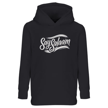 Say Salaam Classic Part-Recycled Cotton-Poly Kids Hoodie in Deep Black / Zeus. Black kids hoodie with crisp white Say Salaam script slogan printed front and centre. Strong contrast makes the classic illustration pop, giving it a subtle vintage athletic look. Muslim youth streetwear essential that pairs easily with joggers or denim. Designed for everyday comfort with brushed fleece warmth.