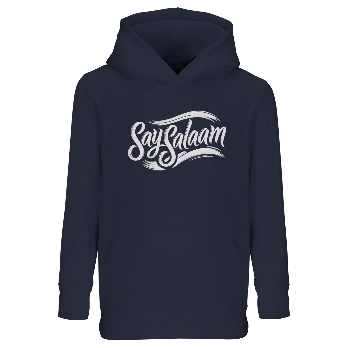 Say Salaam Classic Part-Recycled Cotton-Poly Kids Hoodie in French Navy / Ebony Clay. Dark navy hoodie featuring the clean white Say Salaam script slogan in a flowing illustration style. Classic and versatile colourway that echoes traditional supporter fashion and heritage sportswear. Designed for Muslim boys and girls who want modest, meaningful clothing with everyday comfort.