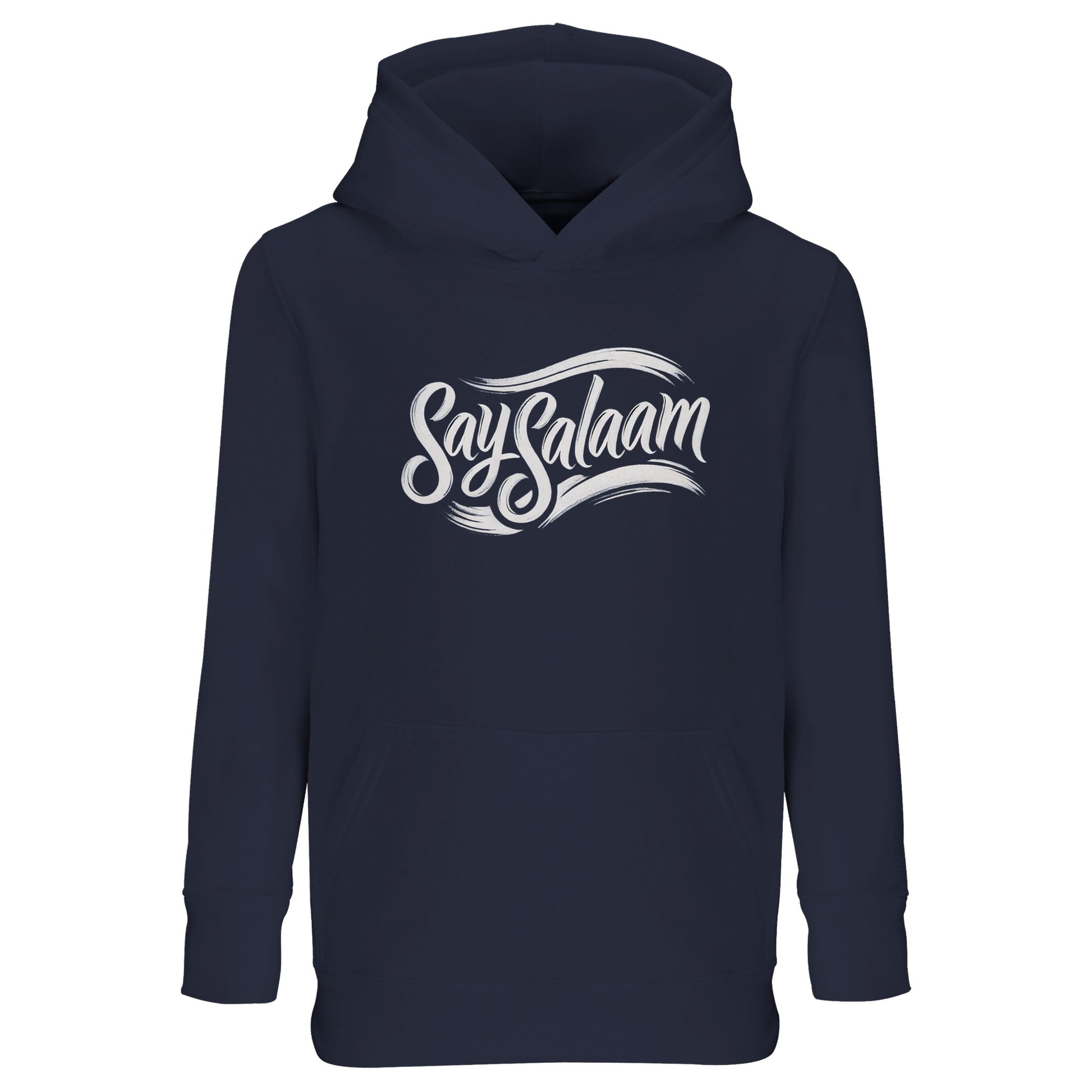 Say Salaam Classic Part-Recycled Cotton-Poly Kids Hoodie in French Navy / Ebony Clay. Dark navy hoodie featuring the clean white Say Salaam script slogan in a flowing illustration style. Classic and versatile colourway that echoes traditional supporter fashion and heritage sportswear. Designed for Muslim boys and girls who want modest, meaningful clothing with everyday comfort.