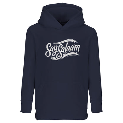 Say Salaam Classic Part-Recycled Cotton-Poly Kids Hoodie in French Navy / Ebony Clay. Dark navy hoodie featuring the clean white Say Salaam script slogan in a flowing illustration style. Classic and versatile colourway that echoes traditional supporter fashion and heritage sportswear. Designed for Muslim boys and girls who want modest, meaningful clothing with everyday comfort.