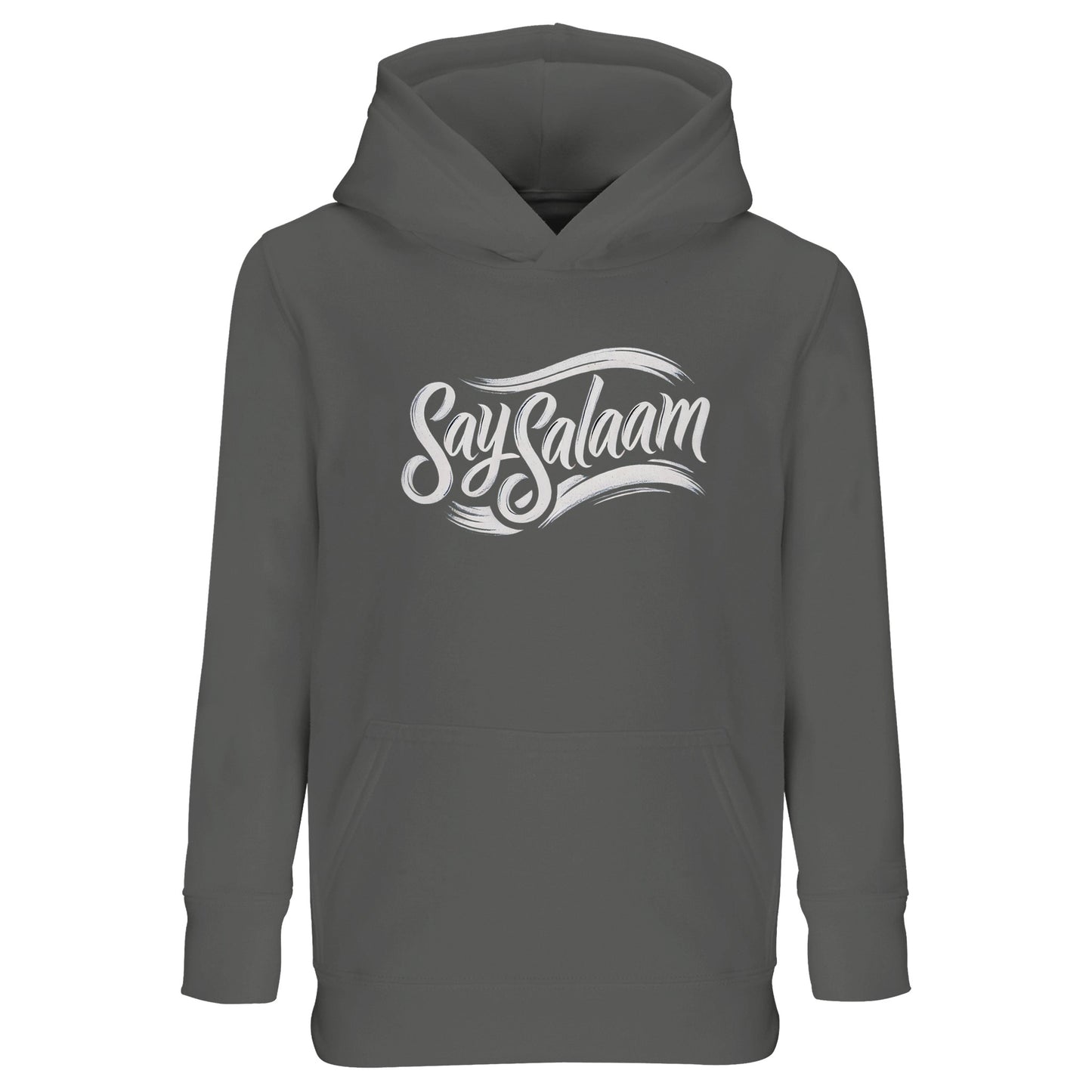 Say Salaam Classic Part-Recycled Cotton-Poly Kids Hoodie in Grey Melange. Deep green-grey hoodie with bold white Say Salaam script logo centred on the chest. A modest Muslim kids hoodie blending classic sportswear energy with peaceful messaging. Vintage-inspired script illustration gives it that timeless megastore feel while staying rooted in contemporary street style. Ideal for layering in cooler weather.