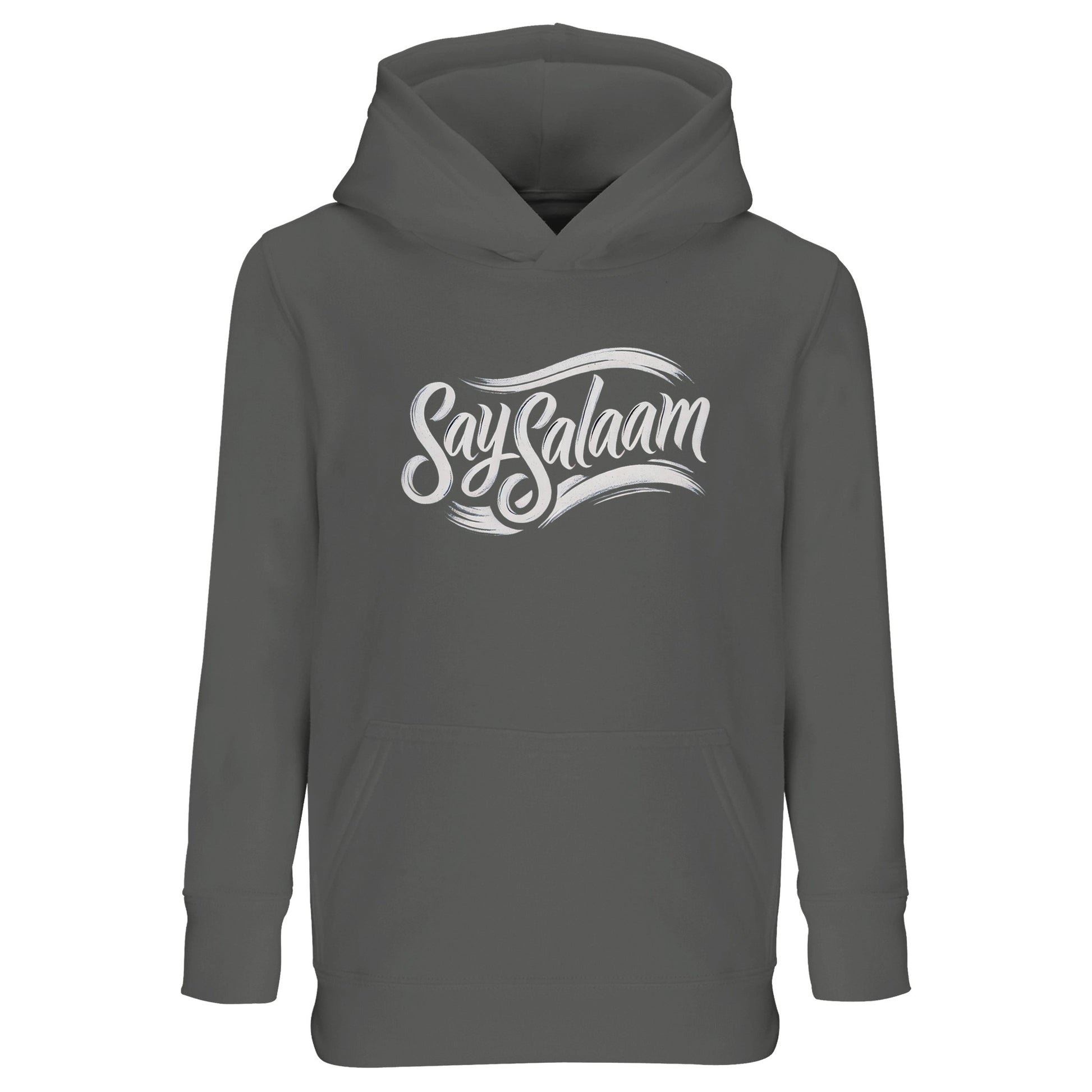 Say Salaam Classic Part-Recycled Cotton-Poly Kids Hoodie in Grey Melange. Deep green-grey hoodie with bold white Say Salaam script logo centred on the chest. A modest Muslim kids hoodie blending classic sportswear energy with peaceful messaging. Vintage-inspired script illustration gives it that timeless megastore feel while staying rooted in contemporary street style. Ideal for layering in cooler weather.