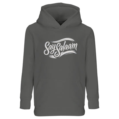 Say Salaam Classic Part-Recycled Cotton-Poly Kids Hoodie in Grey Melange. Deep green-grey hoodie with bold white Say Salaam script logo centred on the chest. A modest Muslim kids hoodie blending classic sportswear energy with peaceful messaging. Vintage-inspired script illustration gives it that timeless megastore feel while staying rooted in contemporary street style. Ideal for layering in cooler weather.