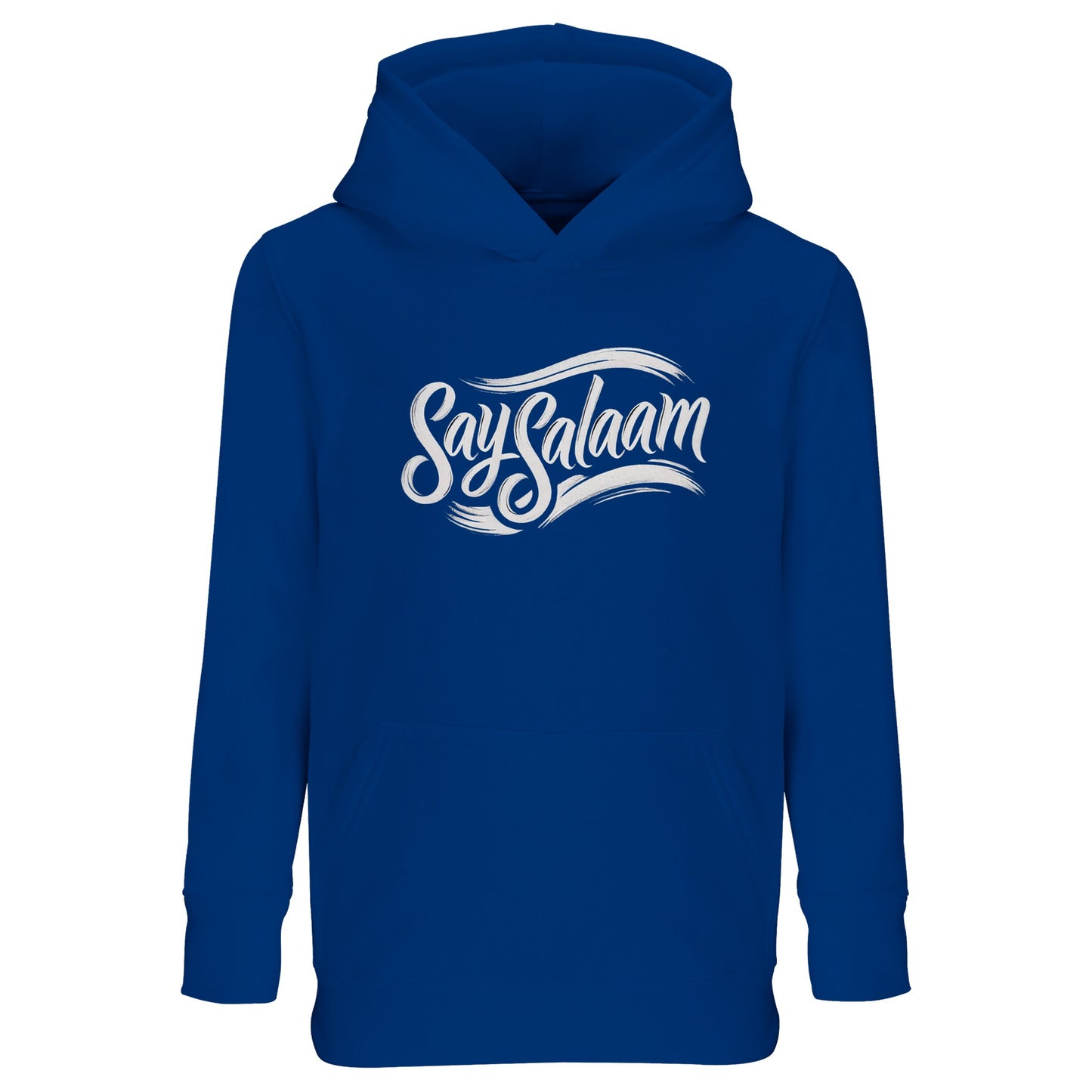 Say Salaam Classic Part-Recycled Cotton-Poly Kids Hoodie in Royal Blue / Dark Midnight Blue. Rich blue hoodie with white Say Salaam script across the chest. A timeless Muslim kids hoodie inspired by classic football culture and vintage supporter style. The flowing slogan illustration adds a heritage feel, making it perfect for stadium trips, weekend wear or everyday layering.