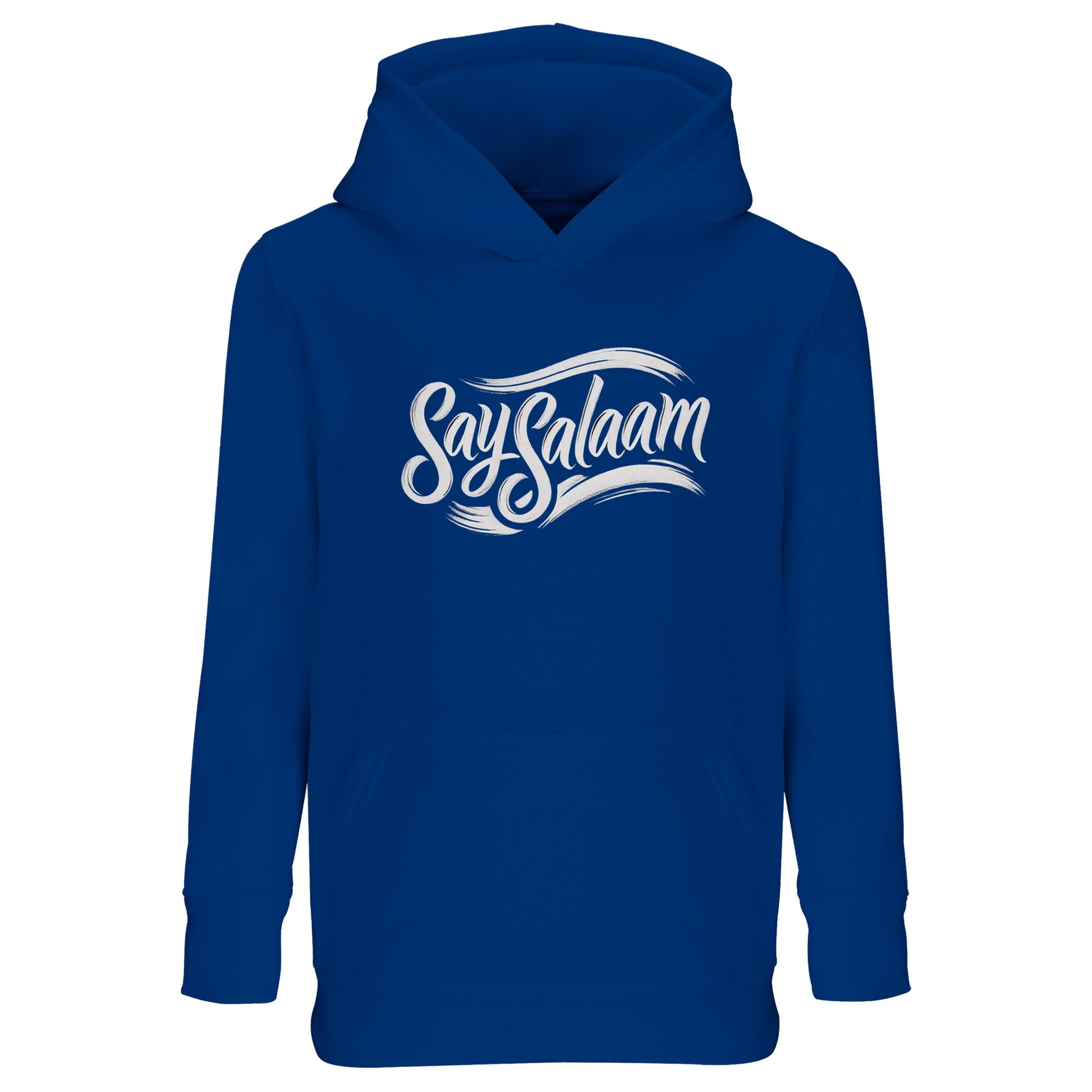 Say Salaam Classic Part-Recycled Cotton-Poly Kids Hoodie in Royal Blue / Dark Midnight Blue. Rich blue hoodie with white Say Salaam script across the chest. A timeless Muslim kids hoodie inspired by classic football culture and vintage supporter style. The flowing slogan illustration adds a heritage feel, making it perfect for stadium trips, weekend wear or everyday layering.