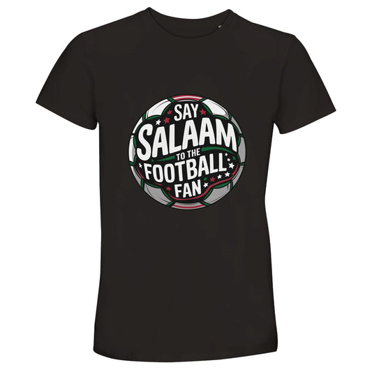 Say Salaam to the Football Fan Design #1 50% Recycled Unisex Cotton T-Shirt – Deep Black / Zeus. Muslim football fan T-shirt showcasing a high-contrast circular crest graphic. The round badge silhouette features layered white and green typography over a dark pitch-toned centre with subtle red lines and glowing stadium beam highlights. The symmetrical emblem structure echoes traditional football club logos, creating a powerful night-match aesthetic. Islamic streetwear for supporters who like good prices.