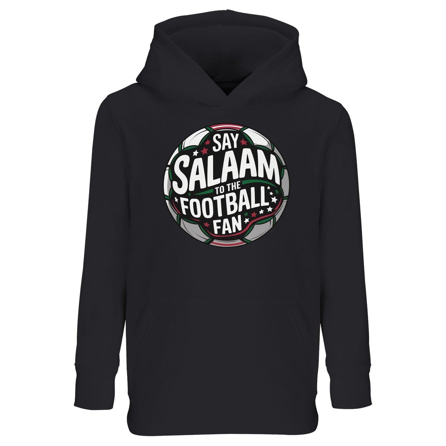 Deep Black / Zeus kids Islamic hoodie showcasing the Say Salaam to the Football Fan Design #1 bold circular stadium badge ball shape print. Striking contrast design inspired by night matches, derby intensity and global football arenas. Muslim youth football streetwear blending iconic crest layout, central football emblem and terrace-style lettering, ideal for academy squads, match-day outfits and young fans expressing Islamic identity through the beautiful game.