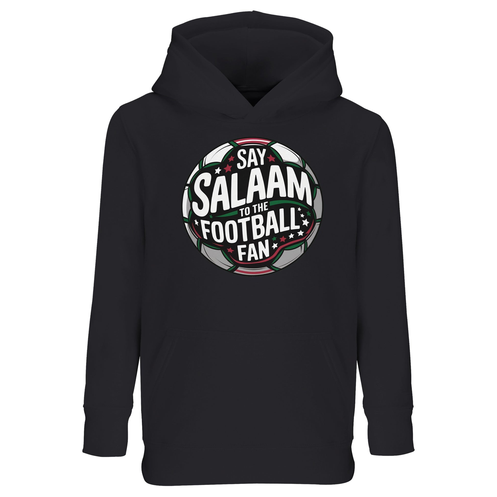 Deep Black / Zeus kids Islamic hoodie showcasing the Say Salaam to the Football Fan Design #1 bold circular stadium badge ball shape print. Striking contrast design inspired by night matches, derby intensity and global football arenas. Muslim youth football streetwear blending iconic crest layout, central football emblem and terrace-style lettering, ideal for academy squads, match-day outfits and young fans expressing Islamic identity through the beautiful game.