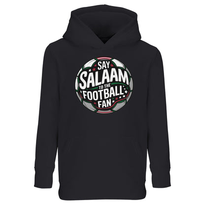 Deep Black / Zeus kids Islamic hoodie showcasing the Say Salaam to the Football Fan Design #1 bold circular stadium badge ball shape print. Striking contrast design inspired by night matches, derby intensity and global football arenas. Muslim youth football streetwear blending iconic crest layout, central football emblem and terrace-style lettering, ideal for academy squads, match-day outfits and young fans expressing Islamic identity through the beautiful game.