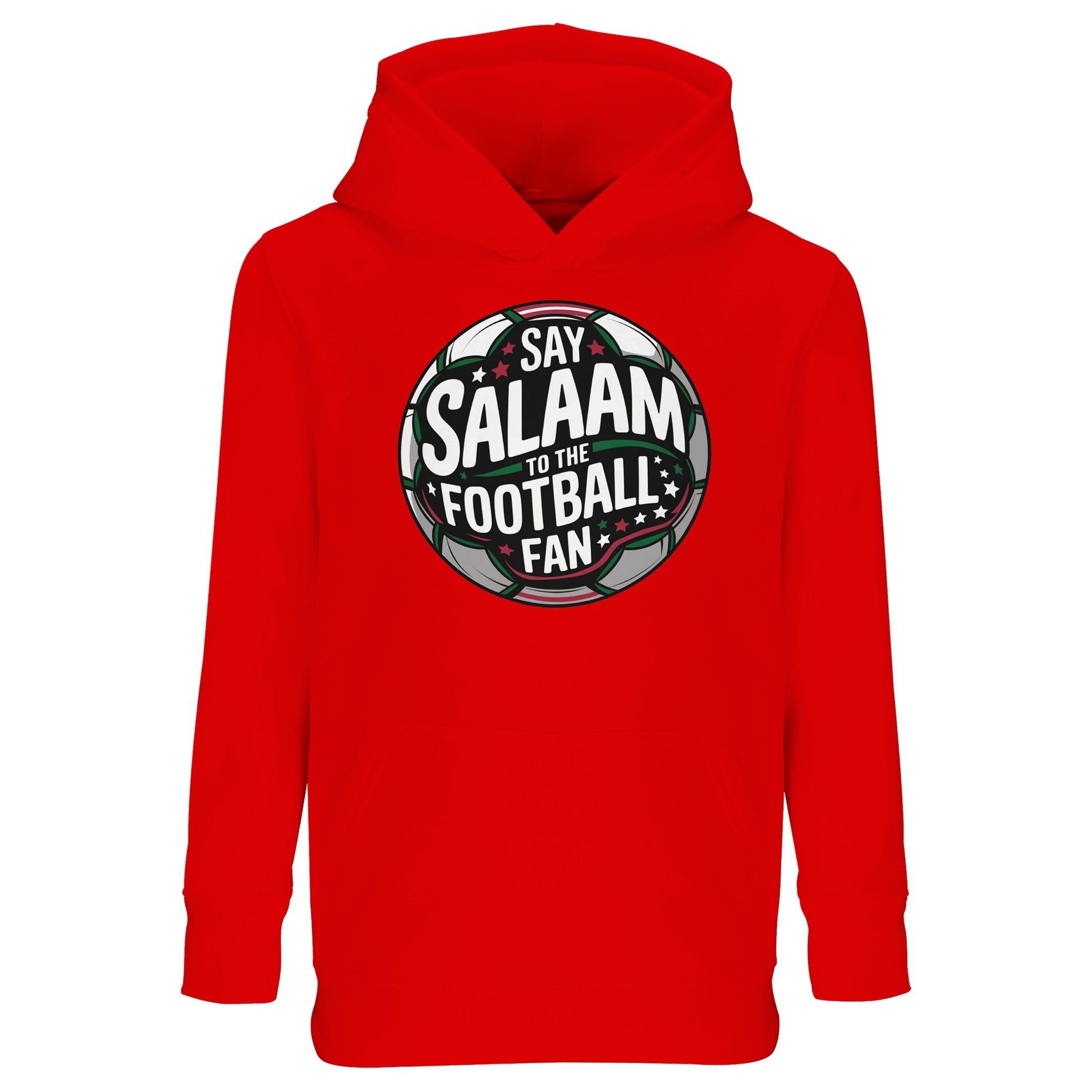 Bright Red / Rosso Corsa kids Islamic hoodie with Say Salaam to the Football Fan Design #1 bold circular football badge print. High-energy Muslim kids sportswear inspired by roaring crowds, derby days and academy tournaments. Stadium-style typography wraps around the central football graphic, creating a powerful crest aesthetic that fuses Islamic identity with football culture, ideal for young players, mini leagues and match-day celebrations.