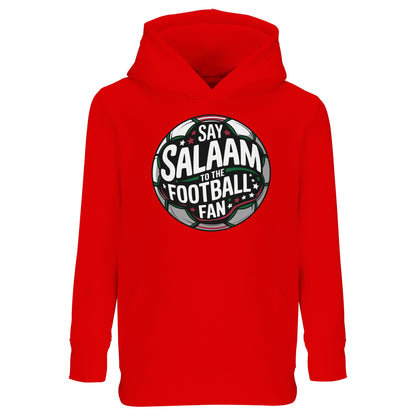 Bright Red / Rosso Corsa kids Islamic hoodie with Say Salaam to the Football Fan Design #1 bold circular football badge print. High-energy Muslim kids sportswear inspired by roaring crowds, derby days and academy tournaments. Stadium-style typography wraps around the central football graphic, creating a powerful crest aesthetic that fuses Islamic identity with football culture, ideal for young players, mini leagues and match-day celebrations.