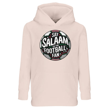 Creamy Pink / Oyster Pink kids Islamic hoodie featuring Say Salaam to the Football Fan Design #1 round emblem graphic. Soft pastel football streetwear for young Muslim supporters who love the game and represent faith confidently. Circular badge styling inspired by club crests and global leagues, merging Islamic greeting culture with grassroots football energy, ideal for girls and boys in youth teams and school tournaments.