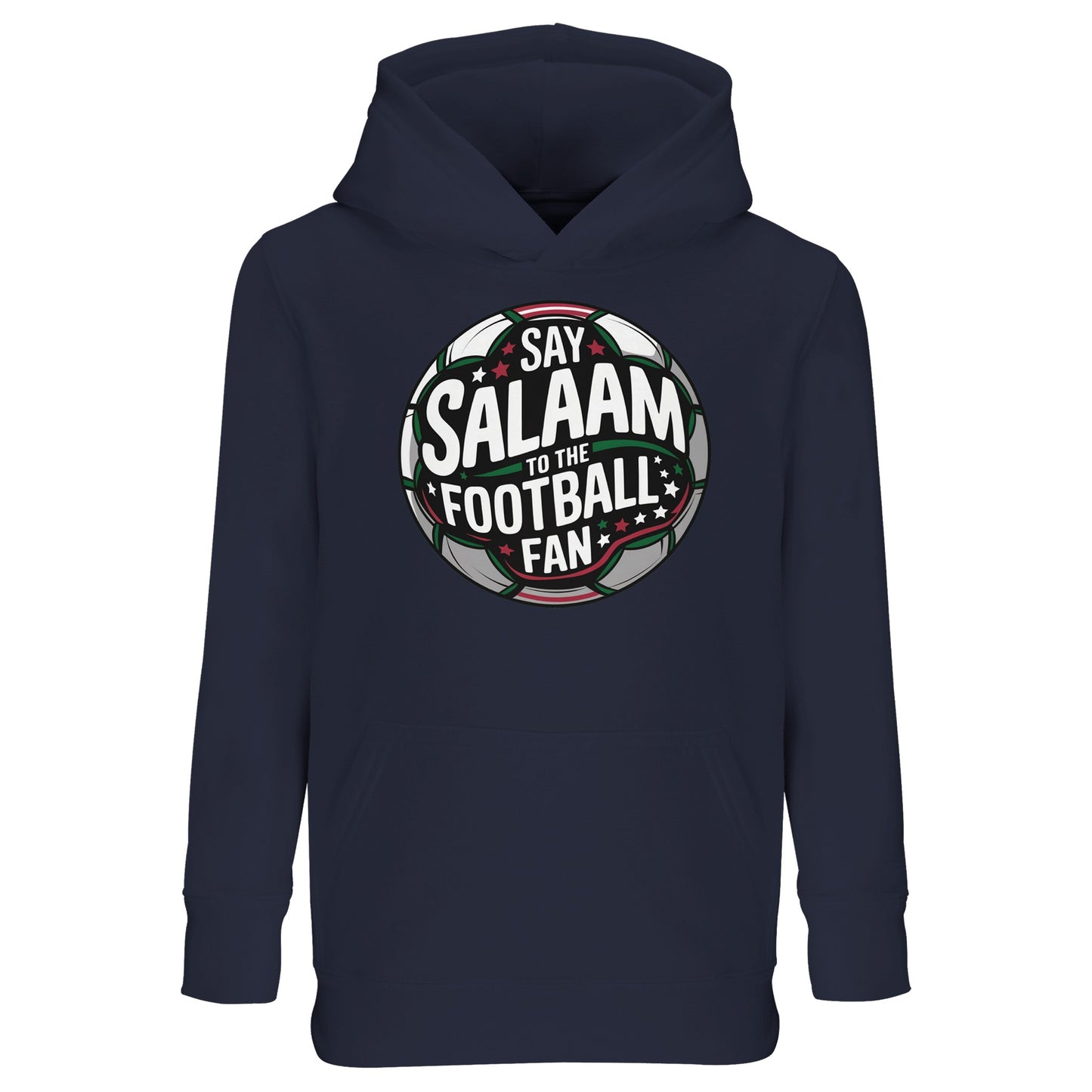 French Navy / Ebony Clay kids Islamic hoodie showcasing the Say Salaam to the Football Fan Design #1 circular football crest print. Dark terrace-ready colour reflecting evening fixtures and cup nights. Muslim youth football streetwear blending stadium badge aesthetics, bold lettering and central ball graphic, perfect for academy squads, match-day travel and little fans who celebrate goals with Islamic pride.