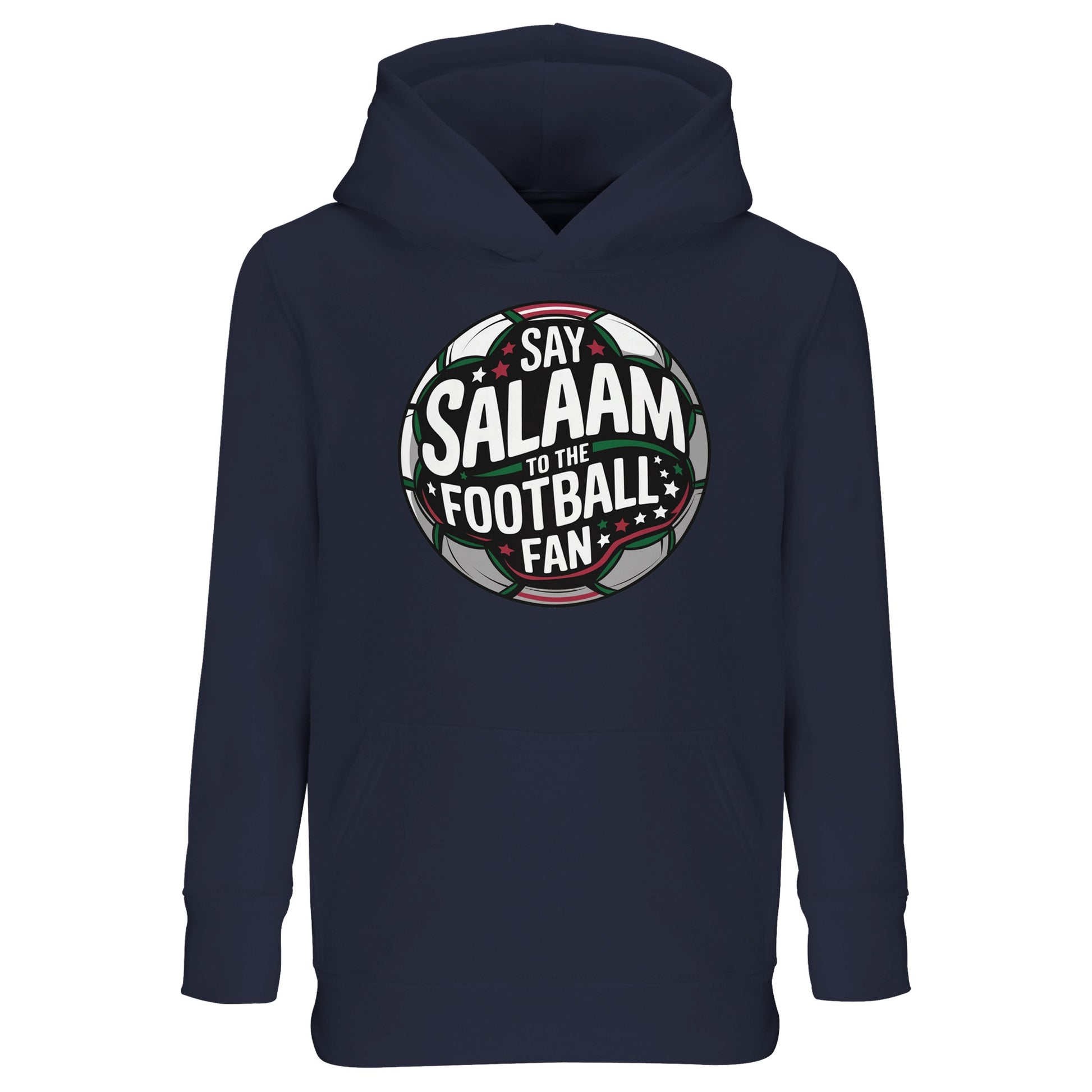 French Navy / Ebony Clay kids Islamic hoodie showcasing the Say Salaam to the Football Fan Design #1 circular football crest print. Dark terrace-ready colour reflecting evening fixtures and cup nights. Muslim youth football streetwear blending stadium badge aesthetics, bold lettering and central ball graphic, perfect for academy squads, match-day travel and little fans who celebrate goals with Islamic pride.