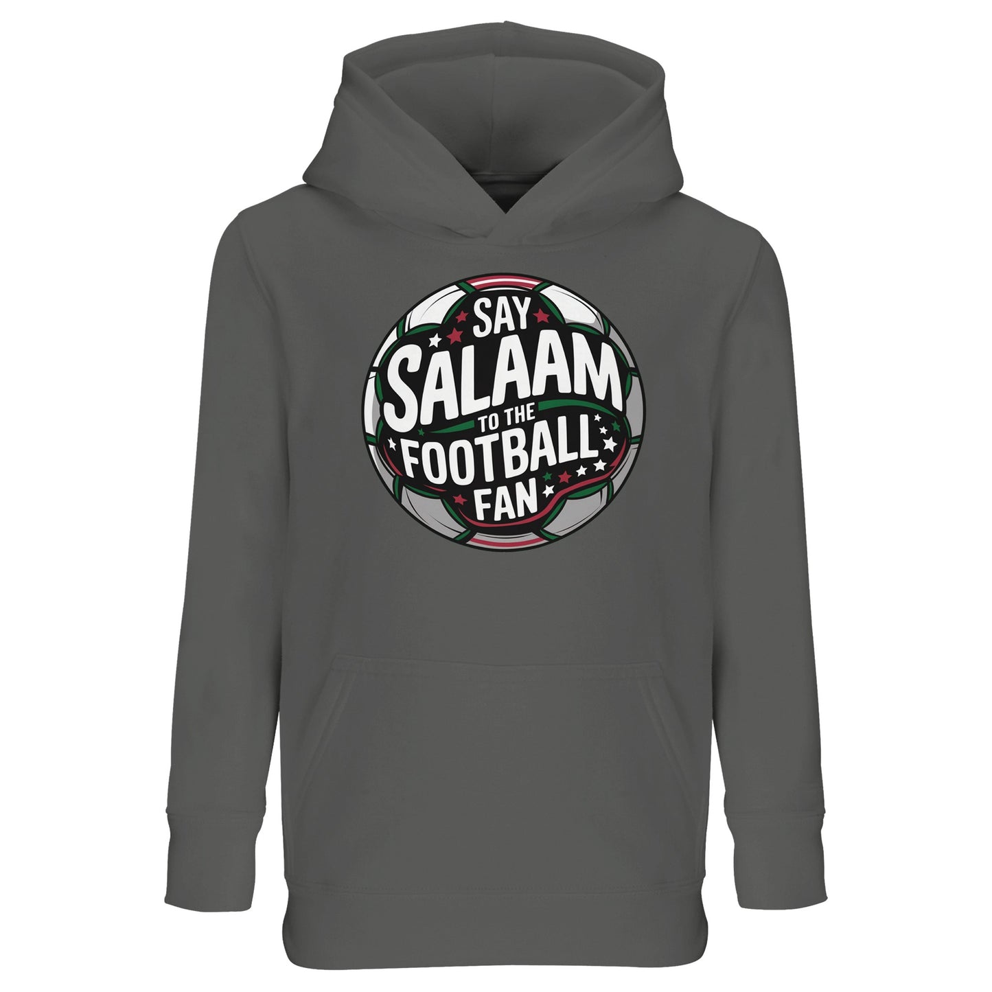 Grey Melange / Heather Grey / Marl Grey / Classic Athletic Grey Blend kids Islamic hoodie with Say Salaam to the Football Fan Design #1 round stadium badge artwork. Classic athletic shade inspired by training ground sessions and grassroots football academies. Muslim kids sports streetwear merging football emblem styling with Islamic greeting culture, ideal for PE lessons, five-a-side tournaments and young supporters representing faith and football together.