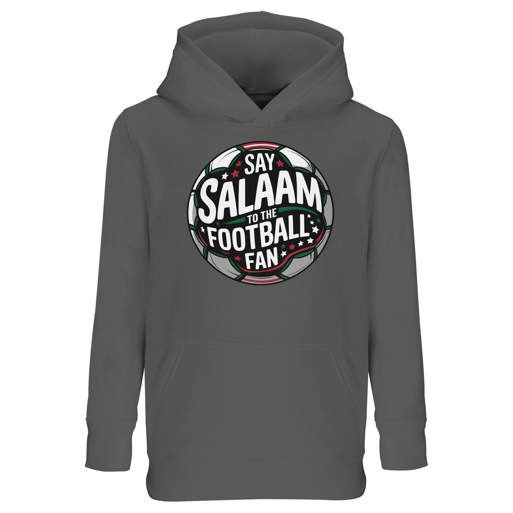 Grey Melange / Heather Grey / Marl Grey / Classic Athletic Grey Blend kids Islamic hoodie with Say Salaam to the Football Fan Design #1 round stadium badge artwork. Classic athletic shade inspired by training ground sessions and grassroots football academies. Muslim kids sports streetwear merging football emblem styling with Islamic greeting culture, ideal for PE lessons, five-a-side tournaments and young supporters representing faith and football together.