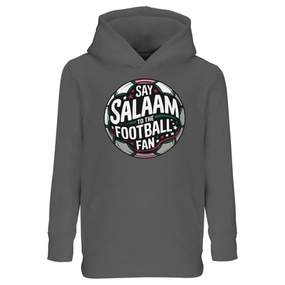 Grey Melange / Heather Grey / Marl Grey / Classic Athletic Grey Blend kids Islamic hoodie with Say Salaam to the Football Fan Design #1 round stadium badge artwork. Classic athletic shade inspired by training ground sessions and grassroots football academies. Muslim kids sports streetwear merging football emblem styling with Islamic greeting culture, ideal for PE lessons, five-a-side tournaments and young supporters representing faith and football together.