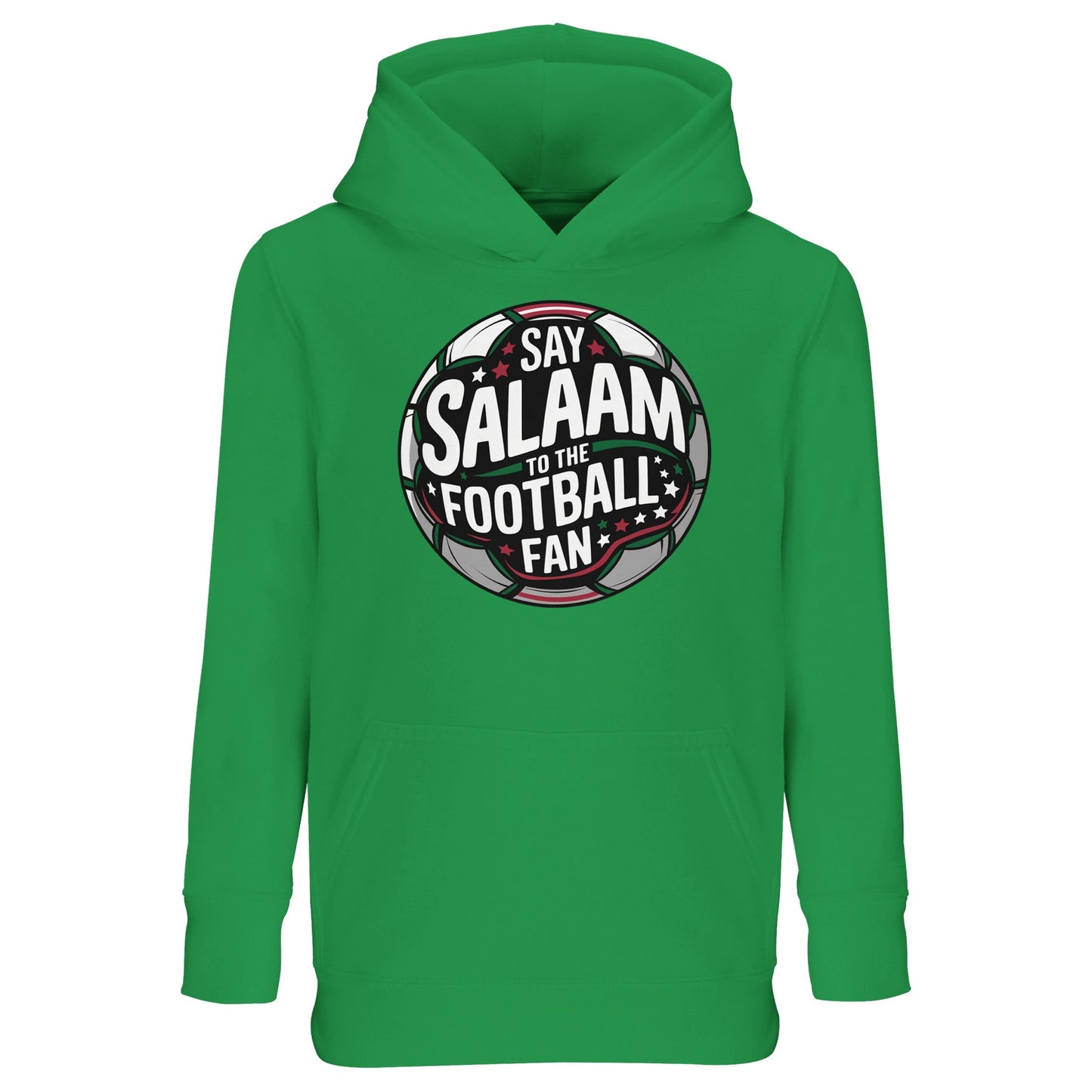 Kelly Green / Spring Green / Sea Green / Eucalyptus kids Islamic hoodie showcasing the Say Salaam to the Football Fan Design #1 round stadium badge graphic. Vibrant Muslim football streetwear for young supporters who live for weekend kick-offs, youth leagues and playground matches. Circular crest artwork echoes classic club emblems and floodlit arenas, merging Islamic greeting culture with global football passion, perfect for little fans celebrating goals with salaam.