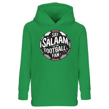 Kelly Green / Spring Green / Sea Green / Eucalyptus kids Islamic hoodie showcasing the Say Salaam to the Football Fan Design #1 round stadium badge graphic. Vibrant Muslim football streetwear for young supporters who live for weekend kick-offs, youth leagues and playground matches. Circular crest artwork echoes classic club emblems and floodlit arenas, merging Islamic greeting culture with global football passion, perfect for little fans celebrating goals with salaam.