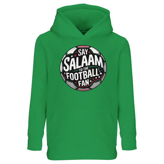 Kelly Green / Spring Green / Sea Green / Eucalyptus kids Islamic hoodie showcasing the Say Salaam to the Football Fan Design #1 round stadium badge graphic. Vibrant Muslim football streetwear for young supporters who live for weekend kick-offs, youth leagues and playground matches. Circular crest artwork echoes classic club emblems and floodlit arenas, merging Islamic greeting culture with global football passion, perfect for little fans celebrating goals with salaam.