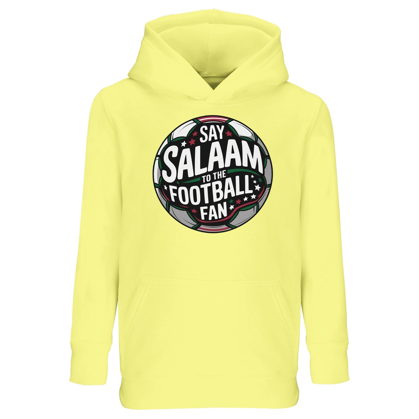 Light Yellow / Lemon Chiffon kids Islamic hoodie featuring the Say Salaam to the Football Fan Design #1 round football crest graphic. Bright match-day colour inspired by summer tournaments and youth football festivals. Muslim kids sports streetwear merging stadium badge design with Islamic greeting culture, perfect for school teams, mini leagues and energetic young fans celebrating every goal with salaam.