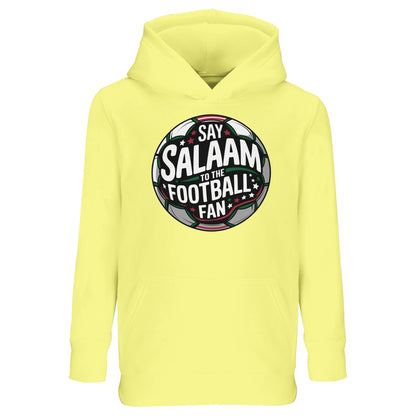 Light Yellow / Lemon Chiffon kids Islamic hoodie featuring the Say Salaam to the Football Fan Design #1 round football crest graphic. Bright match-day colour inspired by summer tournaments and youth football festivals. Muslim kids sports streetwear merging stadium badge design with Islamic greeting culture, perfect for school teams, mini leagues and energetic young fans celebrating every goal with salaam.