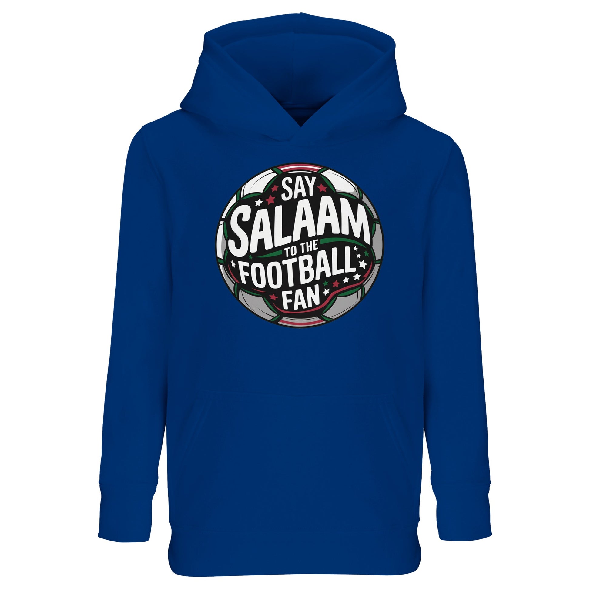 Royal Blue / Dark Midnight Blue kids Islamic hoodie featuring the Say Salaam to the Football Fan Design #1 circular crest graphic. Deep pitch-inspired tone reflecting night games under floodlights and Champions League atmospheres. Muslim youth football streetwear combining bold badge design, central football motif and terrace-inspired lettering, perfect for school teams, weekend fixtures and young fans proudly greeting teammates with salaam.