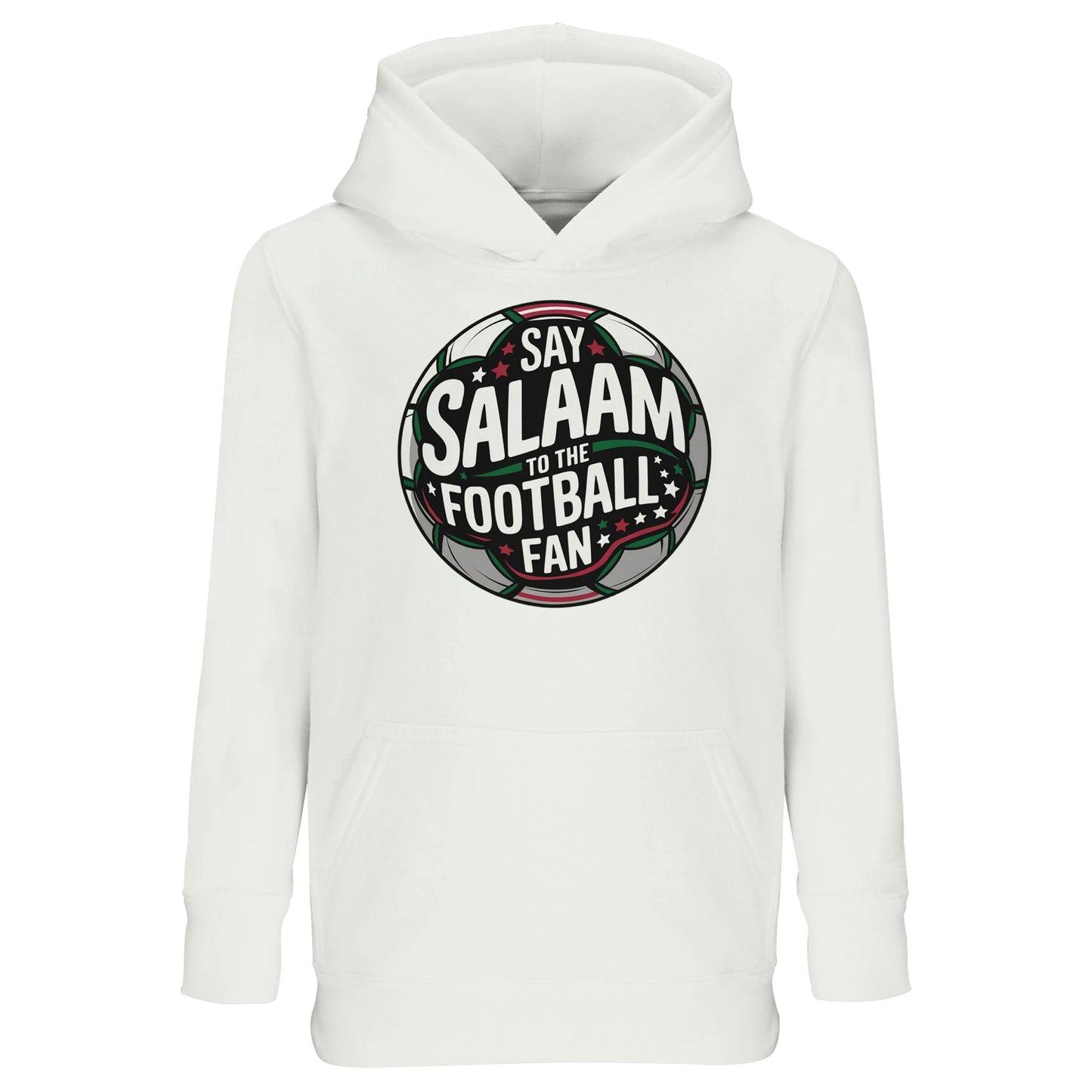 White / Platinum kids Islamic hoodie featuring Say Salaam to the Football Fan Design #1 circular badge graphic with bold stadium-style typography and football emblem centrepiece. Muslim youth streetwear blending faith and football culture, ideal for match days, academy training, school sports clubs and masjid events. Eye-catching round crest design inspired by terrace chants, floodlit pitches and grassroots leagues, encouraging young Muslim fans to represent identity with pride on and off the pitch.
