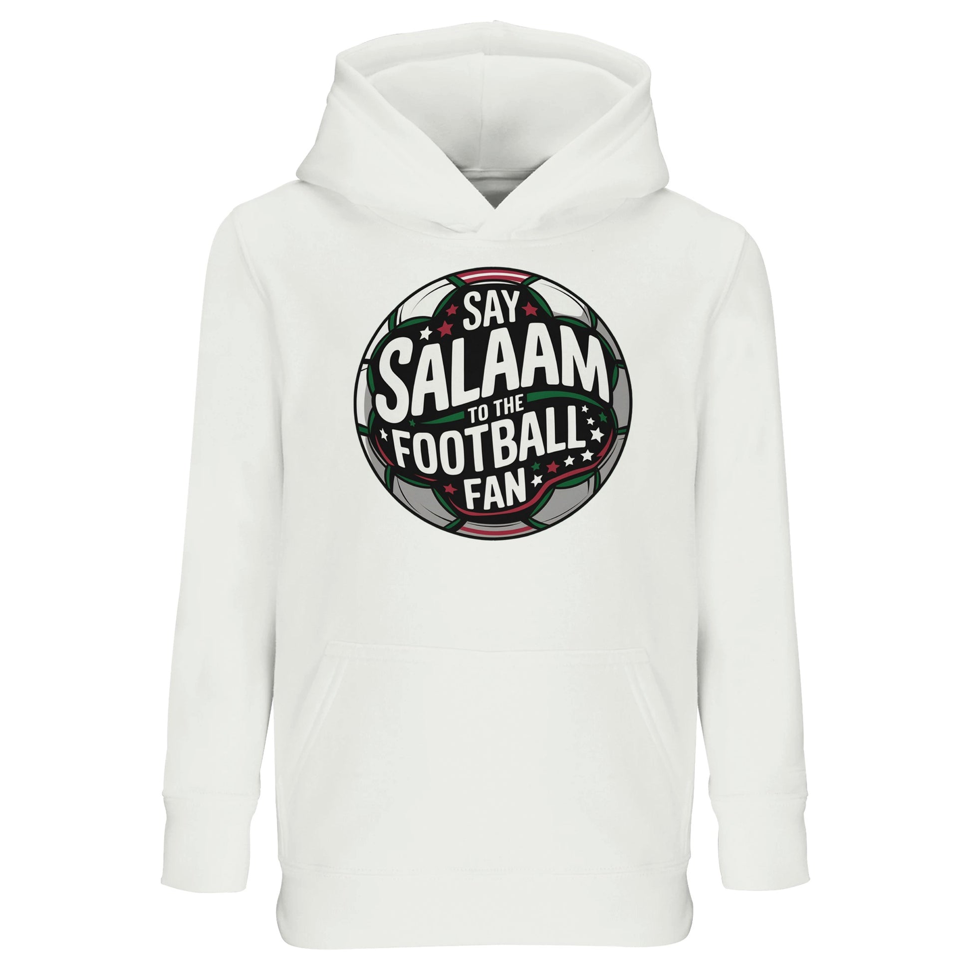 White / Platinum kids Islamic hoodie featuring Say Salaam to the Football Fan Design #1 circular badge graphic with bold stadium-style typography and football emblem centrepiece. Muslim youth streetwear blending faith and football culture, ideal for match days, academy training, school sports clubs and masjid events. Eye-catching round crest design inspired by terrace chants, floodlit pitches and grassroots leagues, encouraging young Muslim fans to represent identity with pride on and off the pitch.
