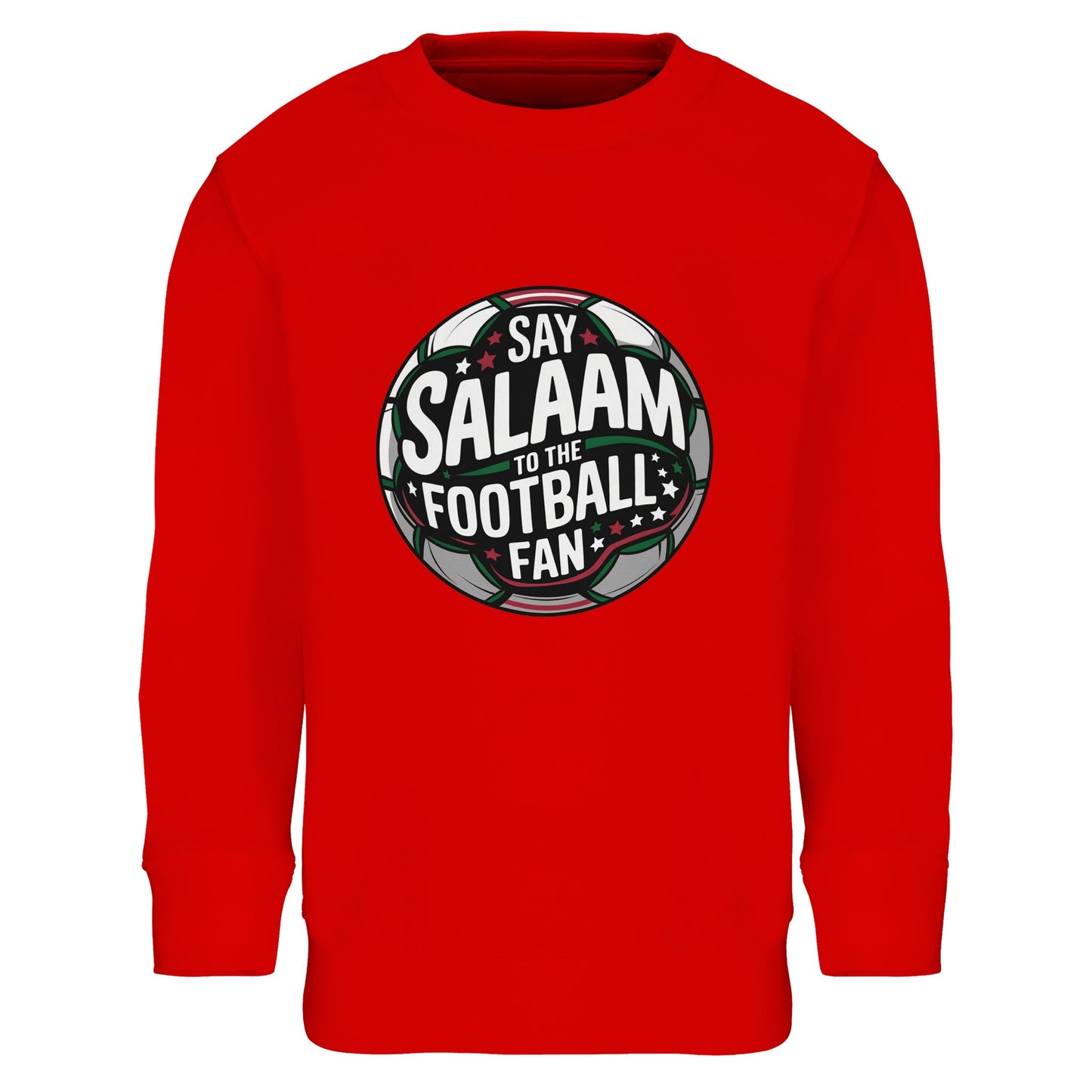 Say Salaam to the Football Fan Design #1 Part-Recycled Cotton-Poly Kids Sweatshirt – Bright Red / Rosso Red. Youth Islamic football sweatshirt showcasing a centred circular badge graphic with layered typography and pitch-textured background. Deep charcoal, forest green and crisp white contrasts with red accent detailing create a competitive, derby-day atmosphere. The round crest shape mirrors iconic football club emblems while celebrating Muslim football fan identity.