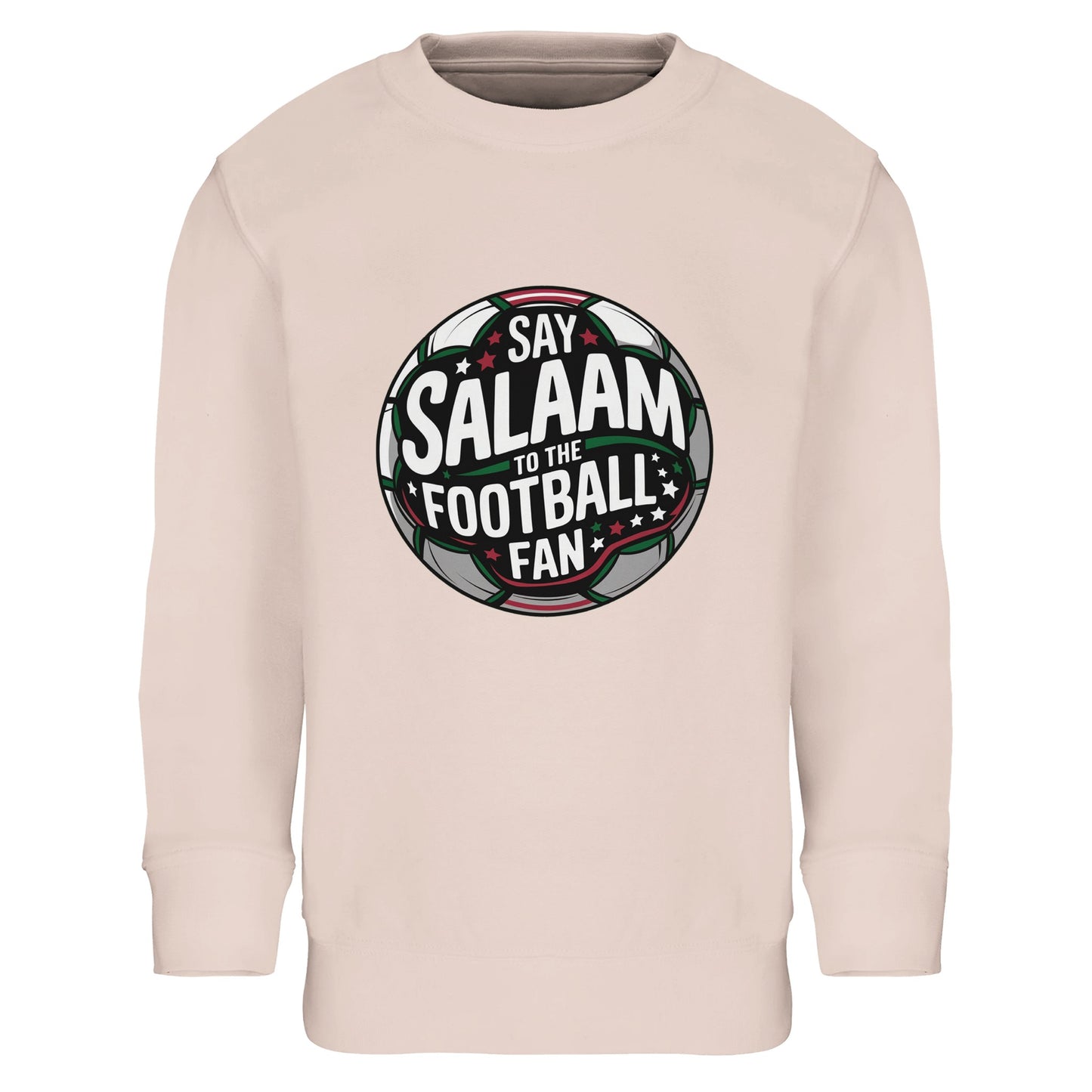 Say Salaam to the Football Fan Design #1 Part-Recycled Cotton-Poly Kids Sweatshirt – Creamy Pink / Oyster Pink. Kids Muslim football sweatshirt with a bold round badge design inspired by traditional club crests. The circular emblem features charcoal and forest green tones, bright white typography and subtle red highlights set against a stadium-style background. Confident yet playful in tone, it blends Islamic greeting culture with grassroots football energy.