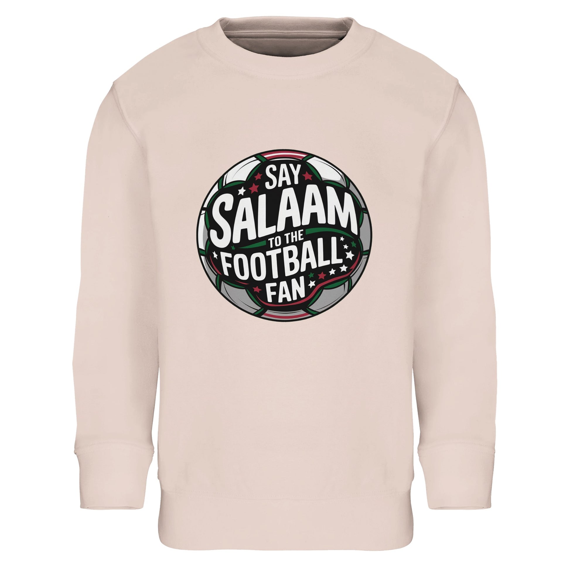 Say Salaam to the Football Fan Design #1 Part-Recycled Cotton-Poly Kids Sweatshirt – Creamy Pink / Oyster Pink. Kids Muslim football sweatshirt with a bold round badge design inspired by traditional club crests. The circular emblem features charcoal and forest green tones, bright white typography and subtle red highlights set against a stadium-style background. Confident yet playful in tone, it blends Islamic greeting culture with grassroots football energy.