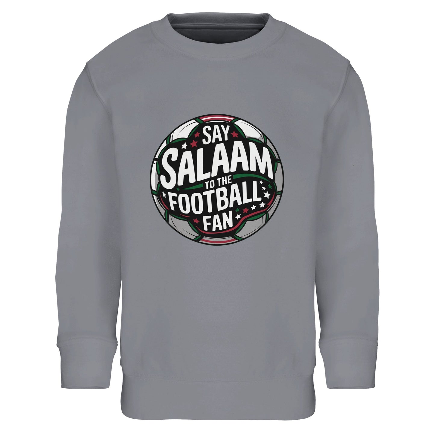 Say Salaam to the Football Fan Design #1 Part-Recycled Cotton-Poly Kids Sweatshirt – Grey Melange / Heather Grey. Kids Islamic football sweatshirt featuring a symmetrical circular badge print with black and charcoal pitch tones, green accents and white lettering. Subtle red lines and floodlight glow effects give depth to the round emblem. Classic athletic aesthetic meets stadium-inspired design for Muslim youth players and supporters.
