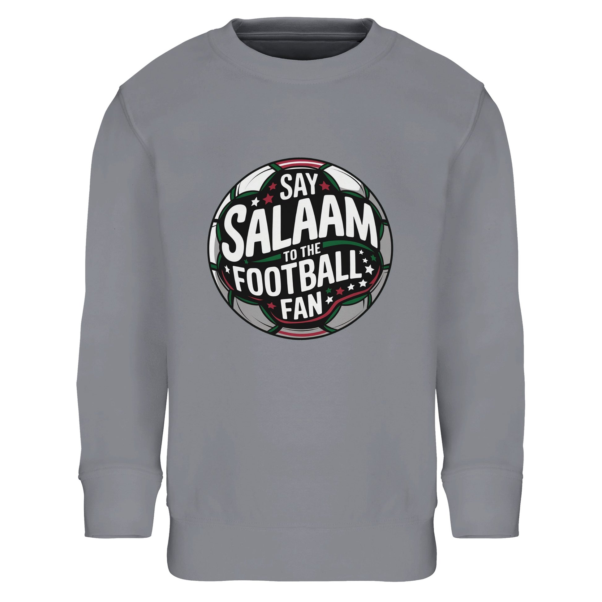 Say Salaam to the Football Fan Design #1 Part-Recycled Cotton-Poly Kids Sweatshirt – Grey Melange / Heather Grey. Kids Islamic football sweatshirt featuring a symmetrical circular badge print with black and charcoal pitch tones, green accents and white lettering. Subtle red lines and floodlight glow effects give depth to the round emblem. Classic athletic aesthetic meets stadium-inspired design for Muslim youth players and supporters.