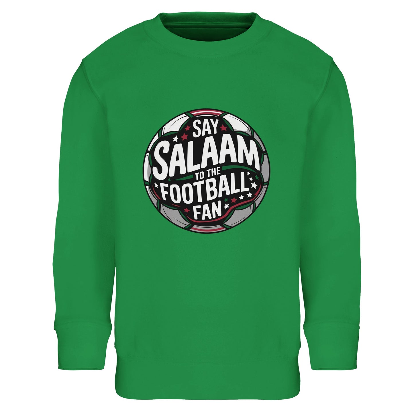 Say Salaam to the Football Fan Design #1 Part-Recycled Cotton-Poly Kids Sweatshirt – Kelly Green / Bright Green. Kids Muslim football sweatshirt with a bold circular crest print inspired by classic club badges. The round emblem features charcoal and pitch-black tones, forest green accents and bright white lettering with subtle red lines for depth. The structured badge shape and stadium-light effect create a strong matchday mood for grassroots players and Islamic youth teams.