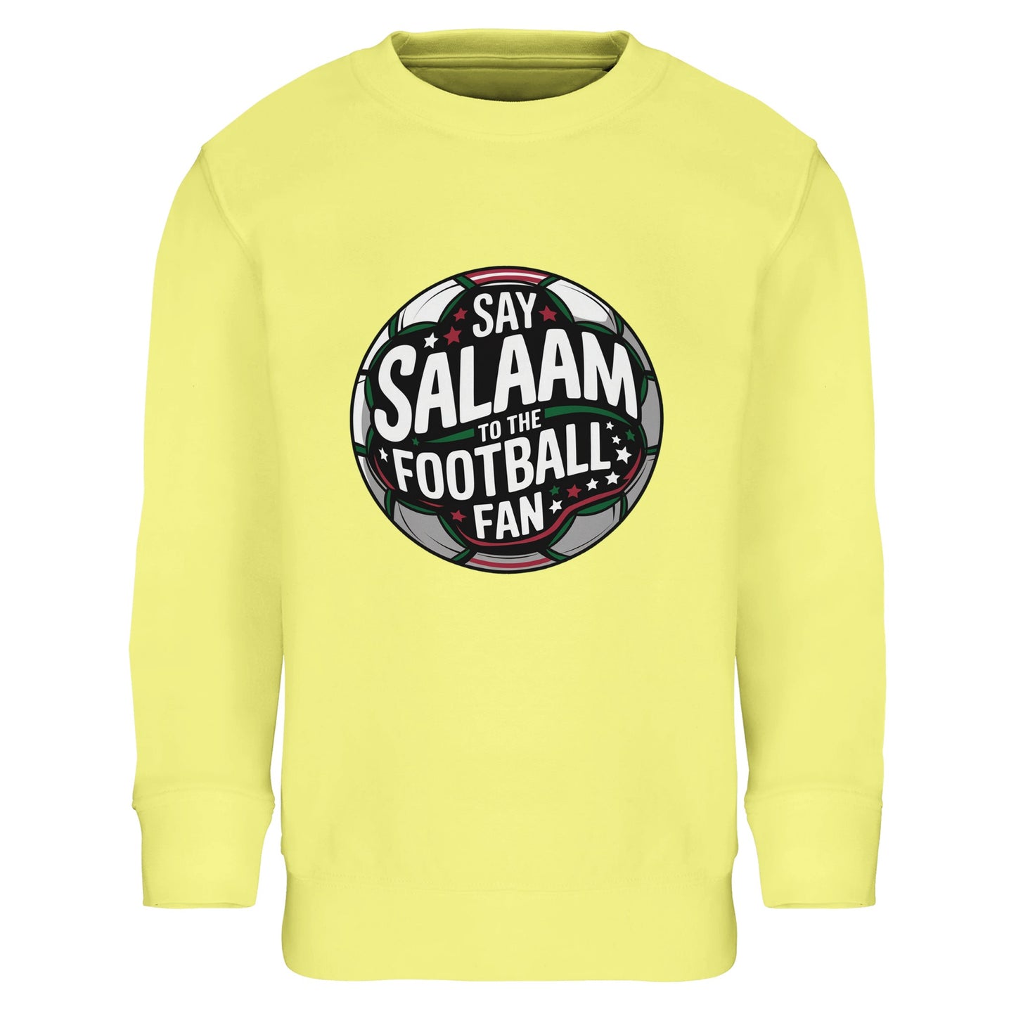 Say Salaam to the Football Fan Design #1 Part-Recycled Cotton-Poly Kids Sweatshirt – Light Yellow / Lemon. Youth Islamic football sweatshirt featuring a circular football crest graphic with dark pitch tones and layered green, black and white text. The round badge structure, enhanced by subtle red detailing and stadium glow, gives a vibrant, energetic feel. Ideal for school tournaments, youth academies and little fans who celebrate goals with salaam.