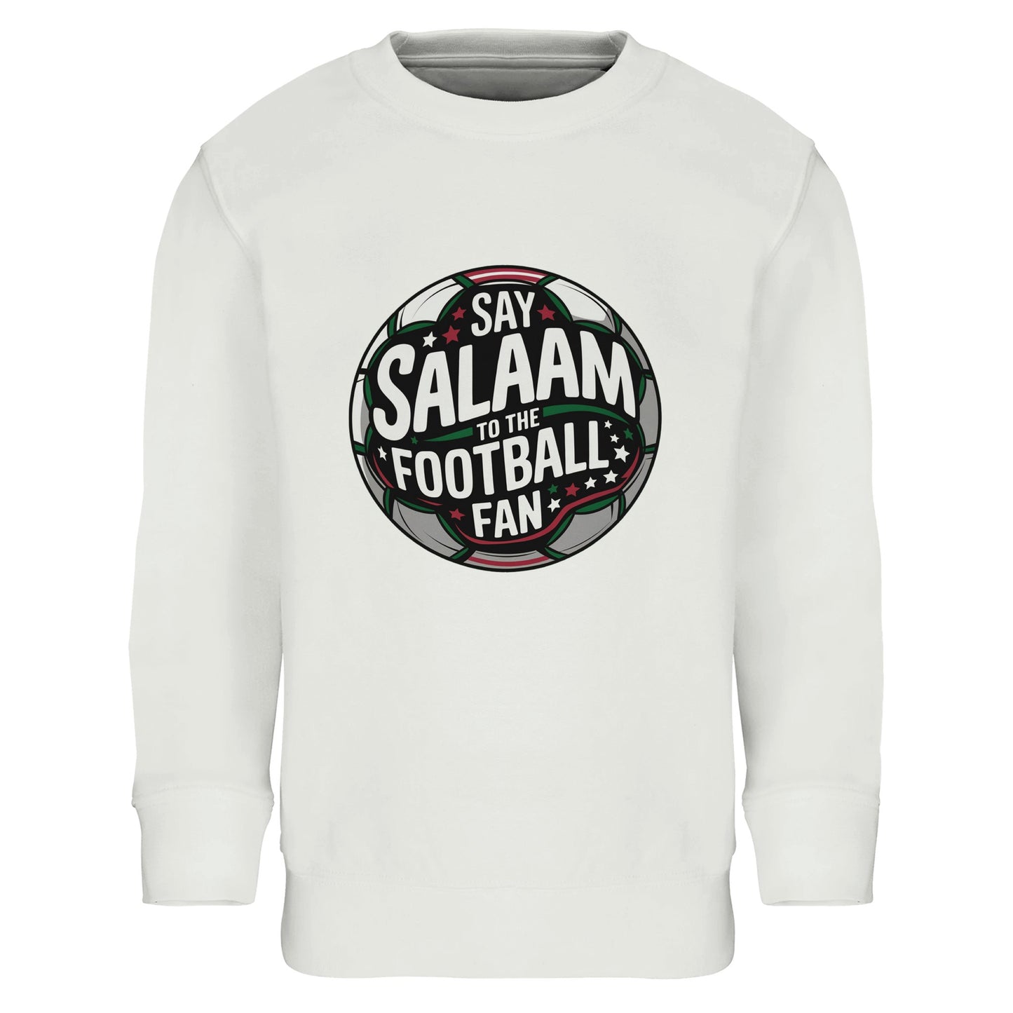 Say Salaam to the Football Fan Design #1 Part-Recycled Cotton-Poly Kids Sweatshirt – White / Platinum. Kids Islamic football sweatshirt featuring a bold circular stadium-style badge graphic centred on the chest. The round football crest design uses deep charcoal and black pitch tones layered with forest green & crisp white typography, with subtle red detail and floodlight effects. The symmetrical club-emblem shape creates a classic supporters’ badge aesthetic, blending Muslim identity with matchday culture.
