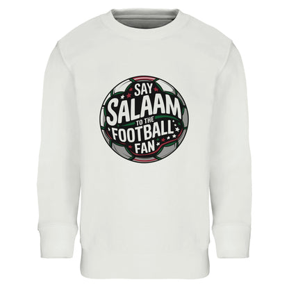 Say Salaam to the Football Fan Design #1 Part-Recycled Cotton-Poly Kids Sweatshirt – White / Platinum. Kids Islamic football sweatshirt featuring a bold circular stadium-style badge graphic centred on the chest. The round football crest design uses deep charcoal and black pitch tones layered with forest green & crisp white typography, with subtle red detail and floodlight effects. The symmetrical club-emblem shape creates a classic supporters’ badge aesthetic, blending Muslim identity with matchday culture.