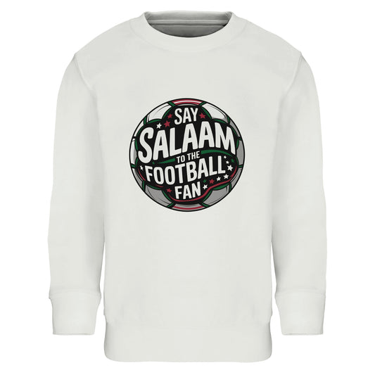 Say Salaam to the Football Fan Design #1 Part-Recycled Cotton-Poly Kids Sweatshirt – White / Platinum. Kids Islamic football sweatshirt featuring a bold circular stadium-style badge graphic centred on the chest. The round football crest design uses deep charcoal and black pitch tones layered with forest green & crisp white typography, with subtle red detail and floodlight effects. The symmetrical club-emblem shape creates a classic supporters’ badge aesthetic, blending Muslim identity with matchday culture.