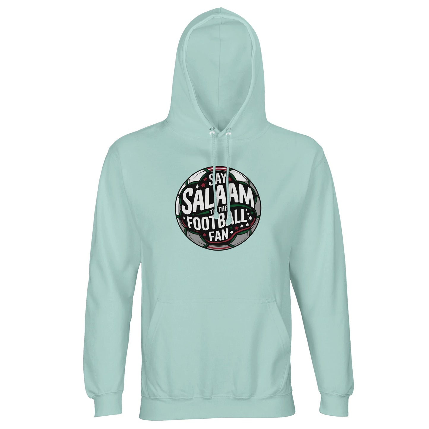Arctic Blue / Cadet Blue unisex hoodie displaying the Say Salaam to the Football Fan Design #1 circular crest design. The rounded football badge graphic features deep black and green pitch tones, subtle red highlights and illuminated stadium beams radiating behind the text. Its symmetrical badge shape and strong contrast create a classic supporter aesthetic with a confident competitive mood. Muslim football apparel that blends Islamic identity with club culture, grassroots matches and global tournaments.