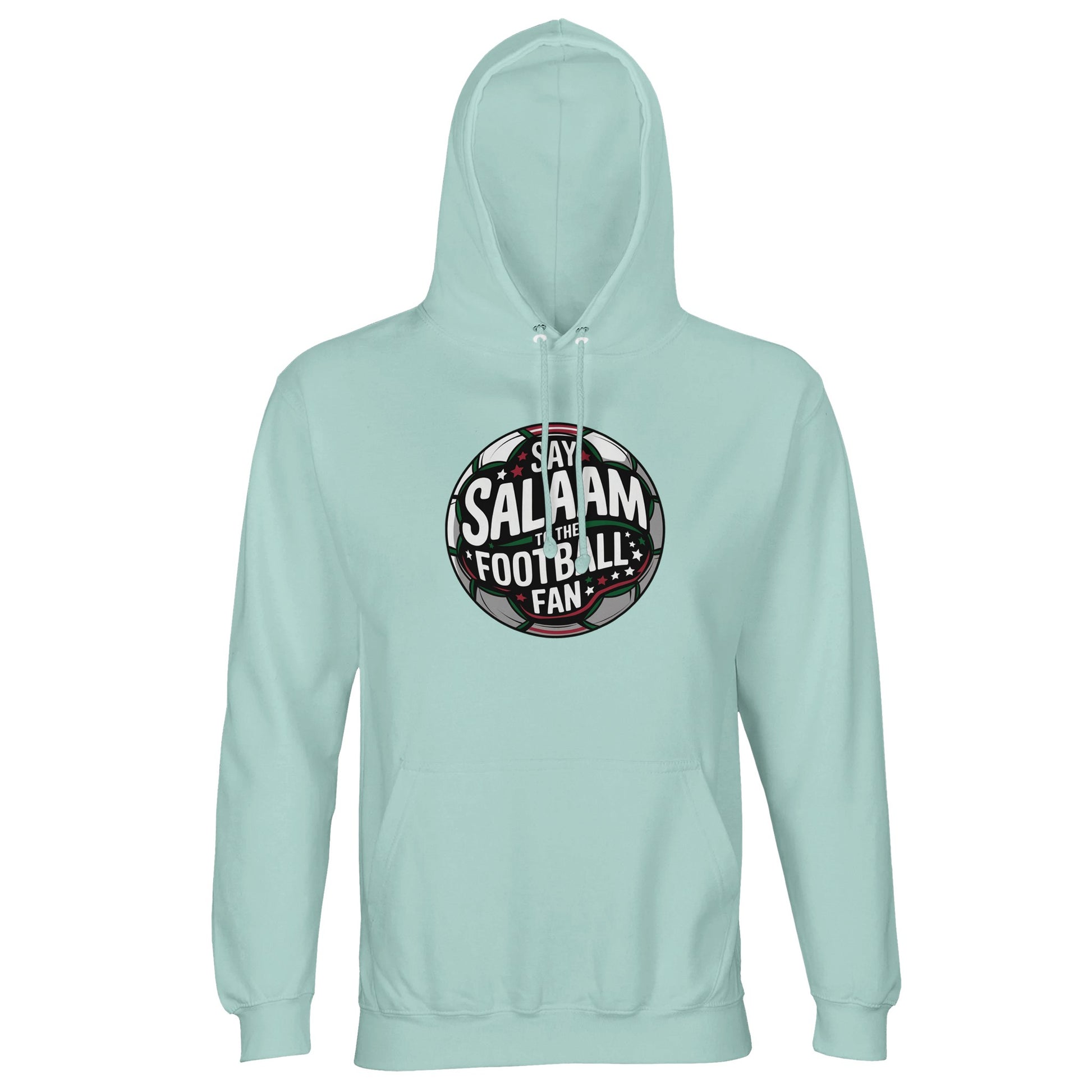 Arctic Blue / Cadet Blue unisex hoodie displaying the Say Salaam to the Football Fan Design #1 circular crest design. The rounded football badge graphic features deep black and green pitch tones, subtle red highlights and illuminated stadium beams radiating behind the text. Its symmetrical badge shape and strong contrast create a classic supporter aesthetic with a confident competitive mood. Muslim football apparel that blends Islamic identity with club culture, grassroots matches and global tournaments.