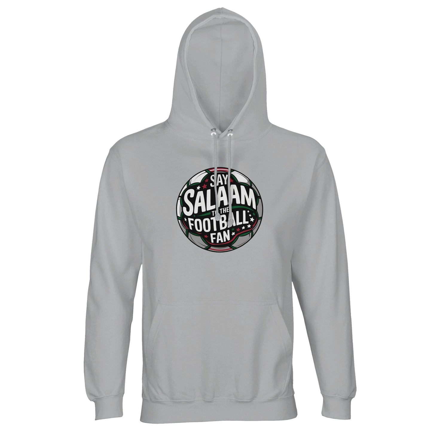 Ash / Silver Chalice unisex hoodie featuring the Say Salaam to the Football Fan Design #1 round emblem print. The circular football-inspired badge uses deep charcoal, black and forest green tones with subtle red and a floodlit stadium effect behind lettering. The balanced symmetry of the crest shape has a classic supporters’ badge aesthetic with a confident, heritage tone. Muslim football fan apparel for league matches, grassroots tournaments and Islamic youth gatherings, merging faith with footie culture.