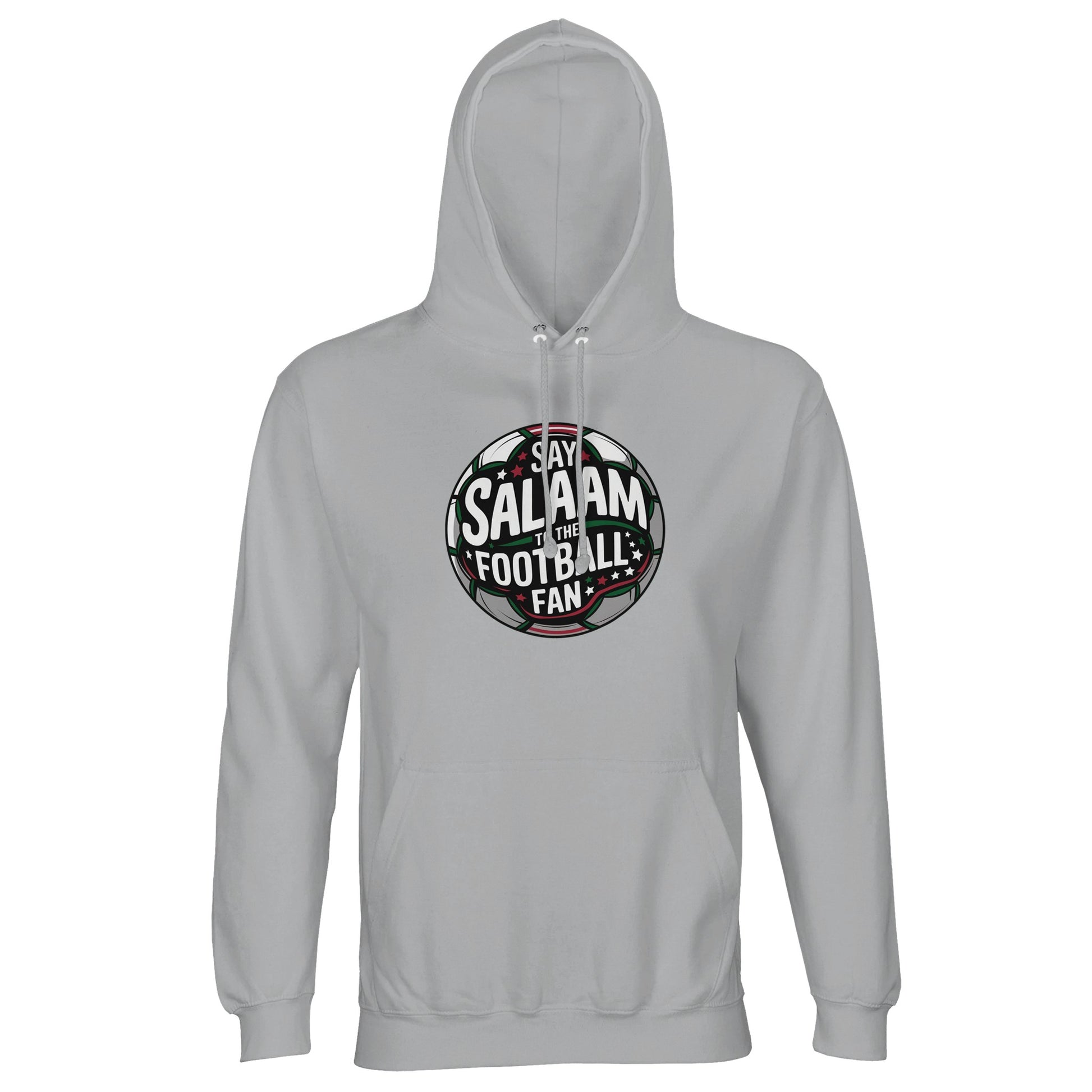 Ash / Silver Chalice unisex hoodie featuring the Say Salaam to the Football Fan Design #1 round emblem print. The circular football-inspired badge uses deep charcoal, black and forest green tones with subtle red and a floodlit stadium effect behind lettering. The balanced symmetry of the crest shape has a classic supporters’ badge aesthetic with a confident, heritage tone. Muslim football fan apparel for league matches, grassroots tournaments and Islamic youth gatherings, merging faith with footie culture.