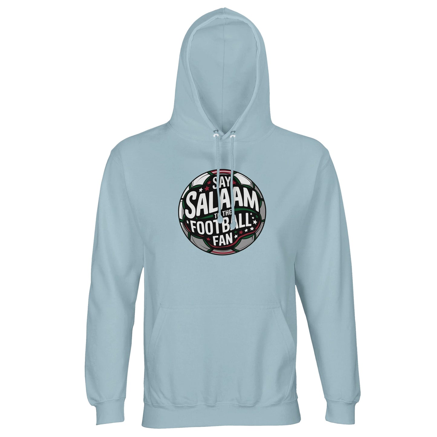 Creamy Blue Islamic unisex hoodie featuring the Say Salaam to the Football Fan Design #1 circular football emblem. The design centres on a bold round badge with dark charcoal pitch tones, white and green lettering and a subtle halo of stadium light effects that give depth and dimension. The circular shape mirrors traditional football crests while the overall tone remains fresh and contemporary. Muslim football fan streetwear for matchdays, mosque youth leagues and community tournaments.