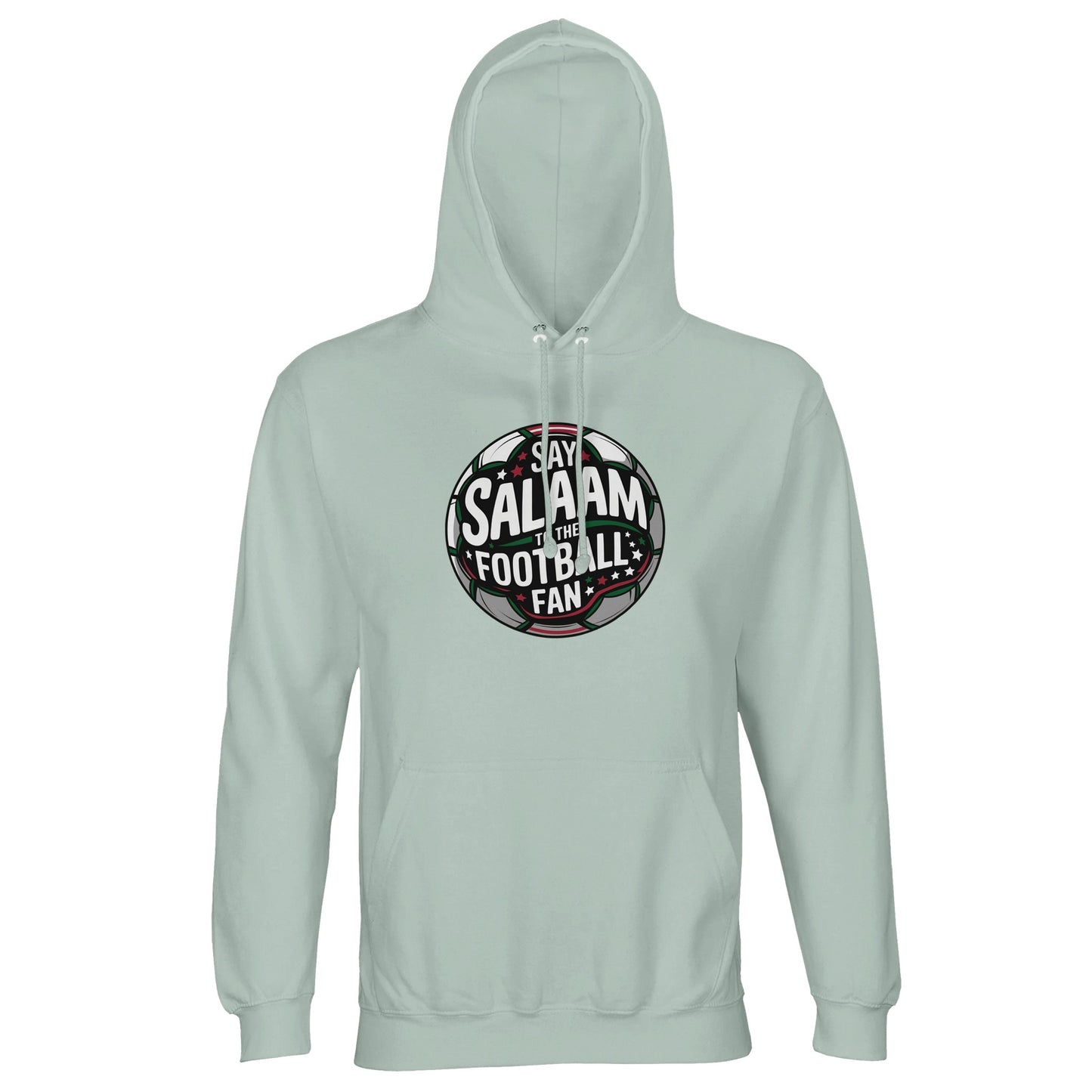 Creamy Green / Greenish Grey Islamic unisex hoodie featuring the Say Salaam to the Football Fan Design #1 round football badge graphic. The emblem’s circular silhouette contains layered typography over a dark pitch-inspired background with green, black and white contrasts and a subtle stadium glow. Its balanced crest shape and bold framing lines create a heritage club-style aesthetic with a modern Islamic message. Muslim football fan apparel for players, supporters and youth academies.